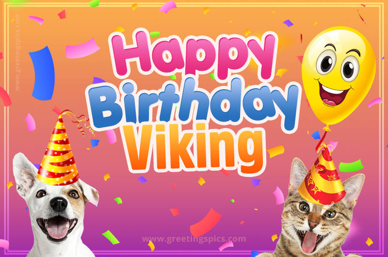 Happy Birthday Viking Funny Image with cat and dog