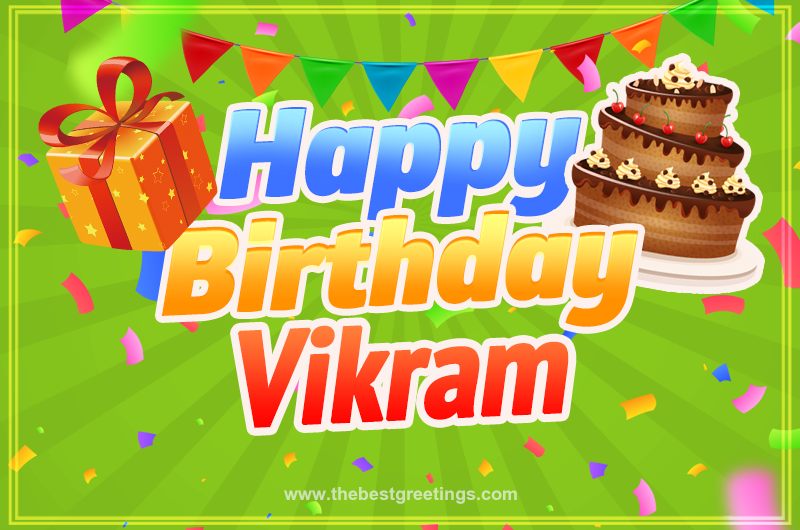 Happy Birthday Vikram picture with flags, chocolate cake and gift box