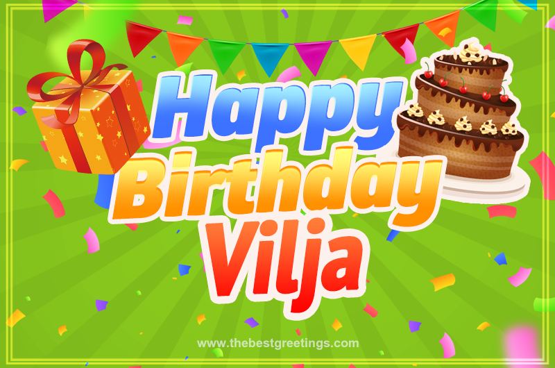 Happy Birthday Vilja picture with flags, chocolate cake and gift box