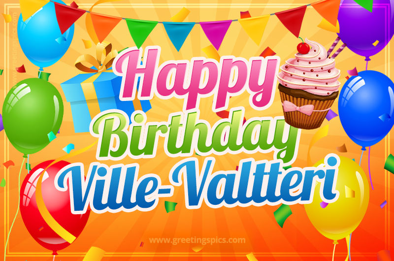 Happy Birthday Ville-Valtteri eCard with gift box and cupcake