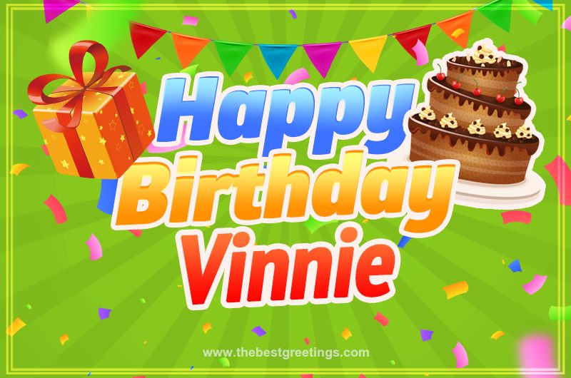 Happy Birthday Vinnie picture with flags, chocolate cake and gift box