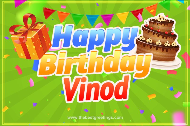 Happy Birthday Vinod picture with flags, chocolate cake and gift box