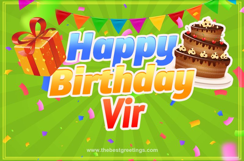 Happy Birthday Vir picture with flags, chocolate cake and gift box