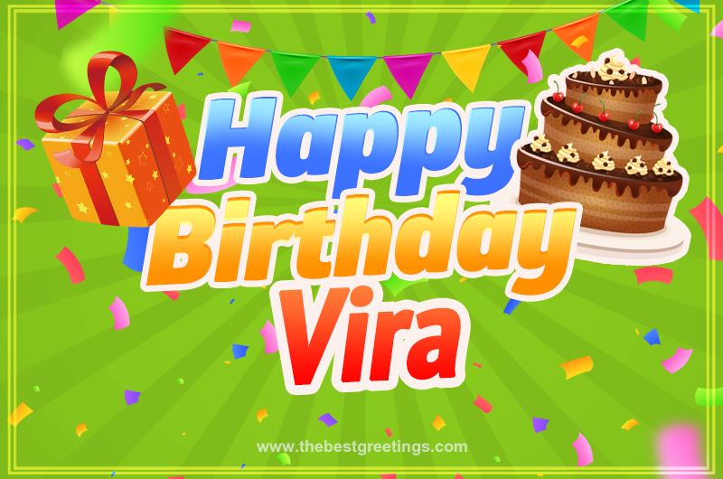 Happy Birthday Vira picture with flags, chocolate cake and gift box