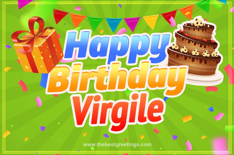 Happy Birthday Virgile picture with flags, chocolate cake and gift box