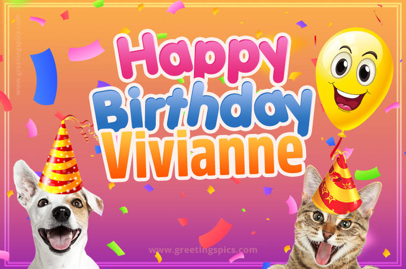 Happy Birthday Vivianne Funny Image with cat and dog