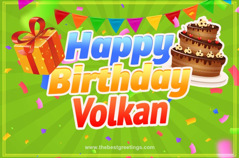 Happy Birthday Volkan picture with flags, chocolate cake and gift box