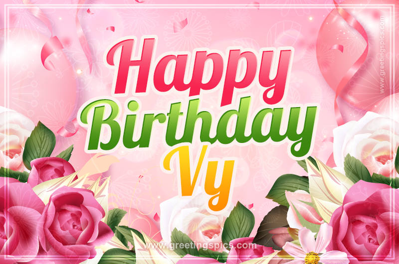 Image with gentle pink background and flowers Happy Birthday Vy