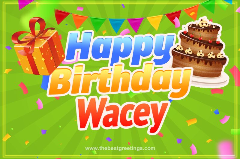 Happy Birthday Wacey picture with flags, chocolate cake and gift box