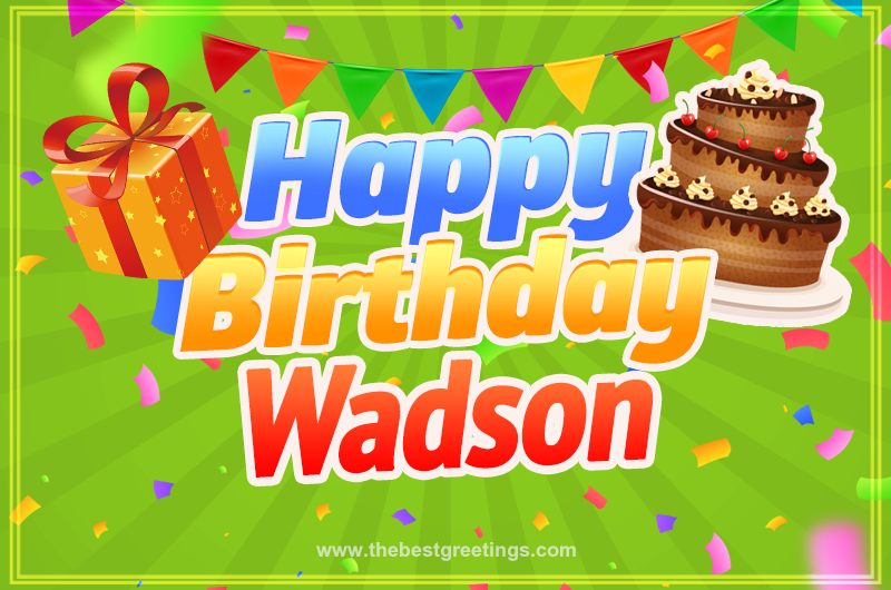 Happy Birthday Wadson picture with flags, chocolate cake and gift box