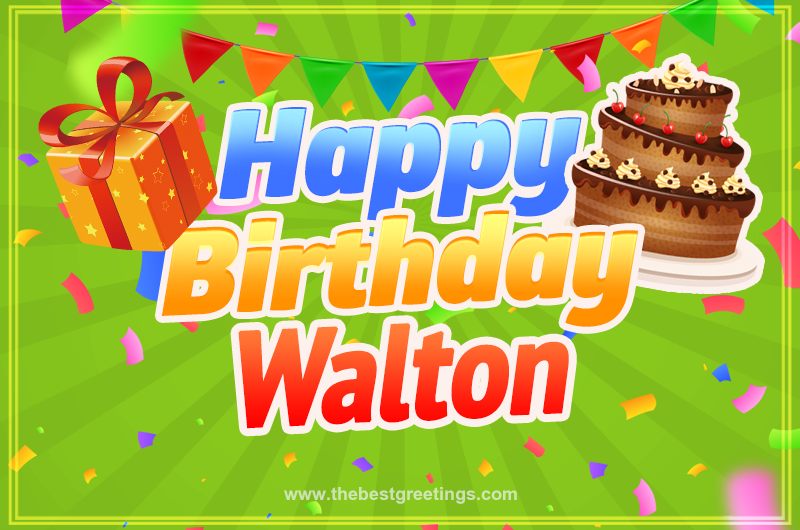 Happy Birthday Walton picture with flags, chocolate cake and gift box