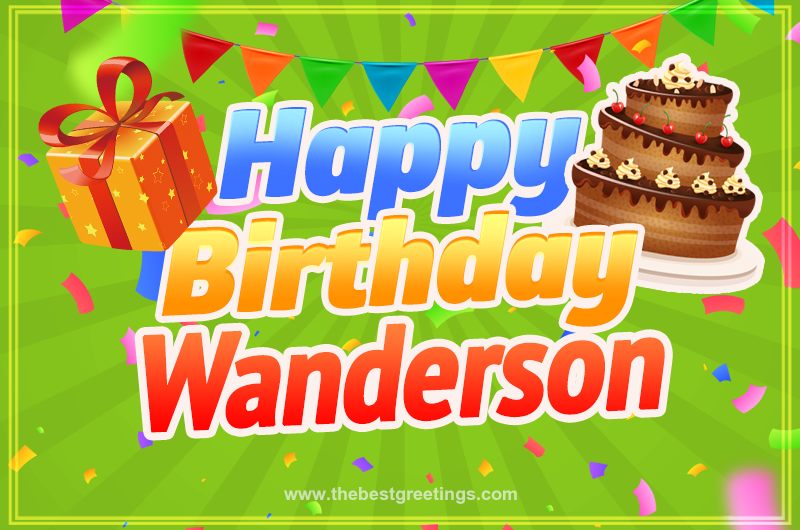 Happy Birthday Wanderson picture with flags, chocolate cake and gift box