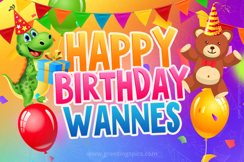 Happy Birthday Wannes Image for a child with cute baby dinosaur and bear