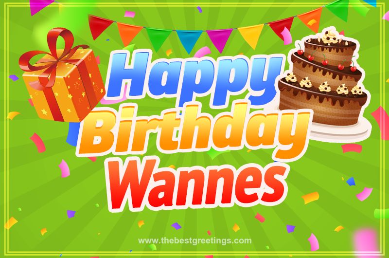 Happy Birthday Wannes picture with flags, chocolate cake and gift box