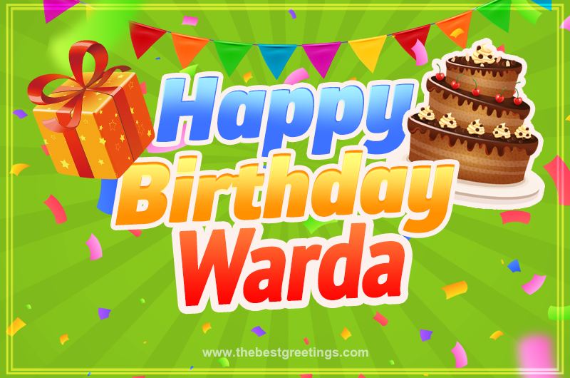 Happy Birthday Warda picture with flags, chocolate cake and gift box