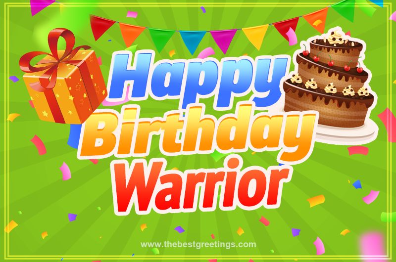 Happy Birthday Warrior picture with flags, chocolate cake and gift box