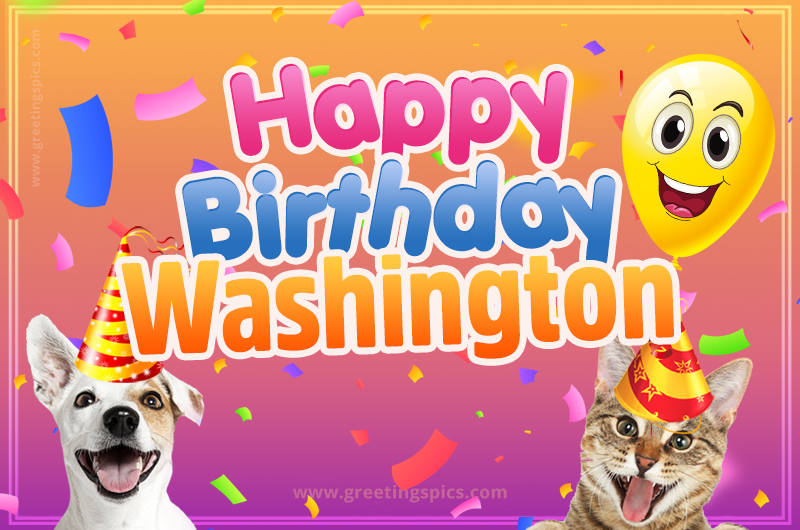 Happy Birthday Washington Funny Image with cat and dog