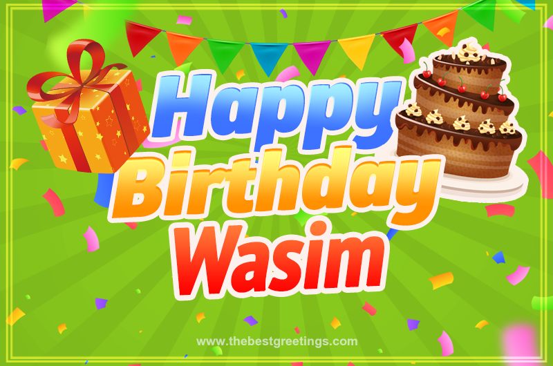 Happy Birthday Wasim picture with flags, chocolate cake and gift box