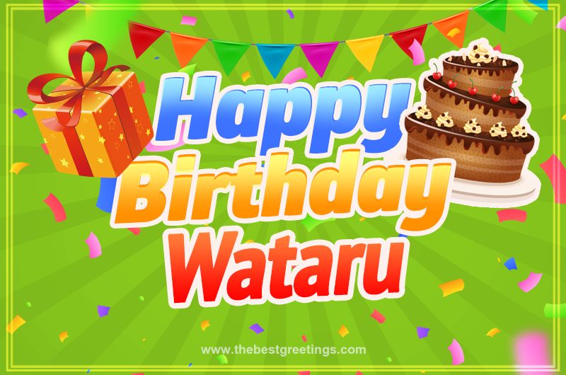 Happy Birthday Wataru picture with flags, chocolate cake and gift box