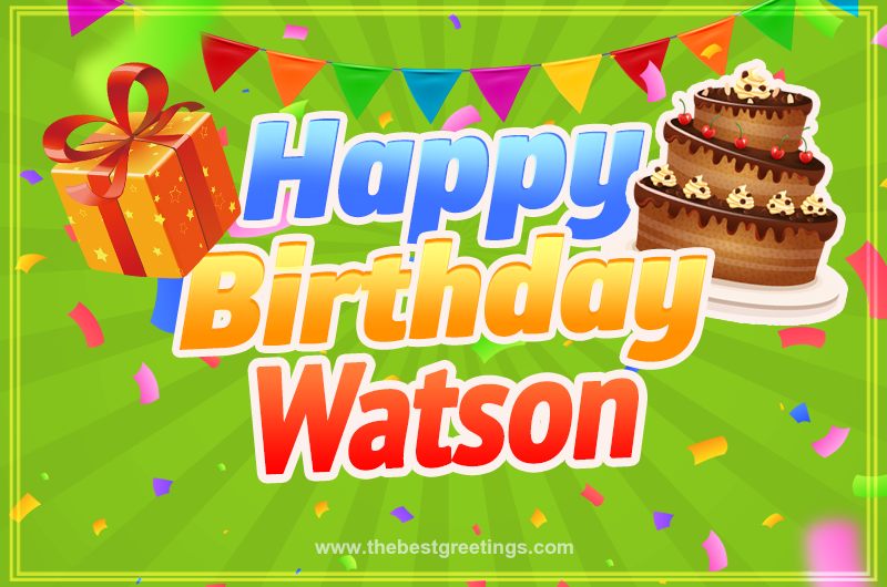 Happy Birthday Watson picture with flags, chocolate cake and gift box