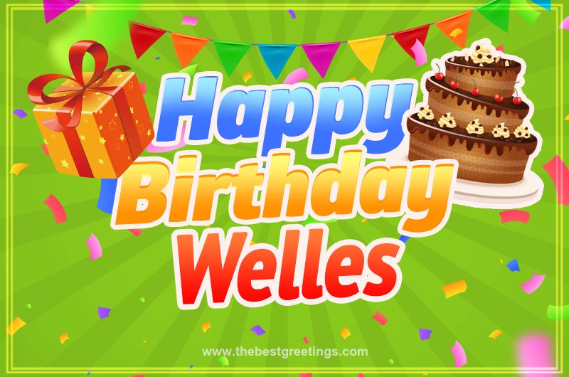 Happy Birthday Welles picture with flags, chocolate cake and gift box