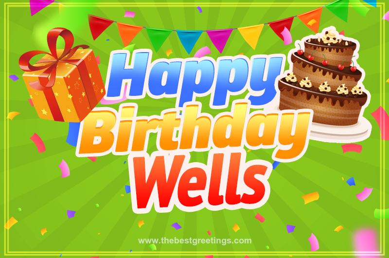 Happy Birthday Wells picture with flags, chocolate cake and gift box