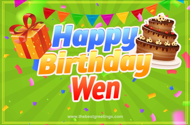 Happy Birthday Wen picture with flags, chocolate cake and gift box