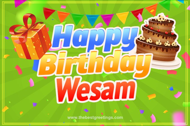 Happy Birthday Wesam picture with flags, chocolate cake and gift box