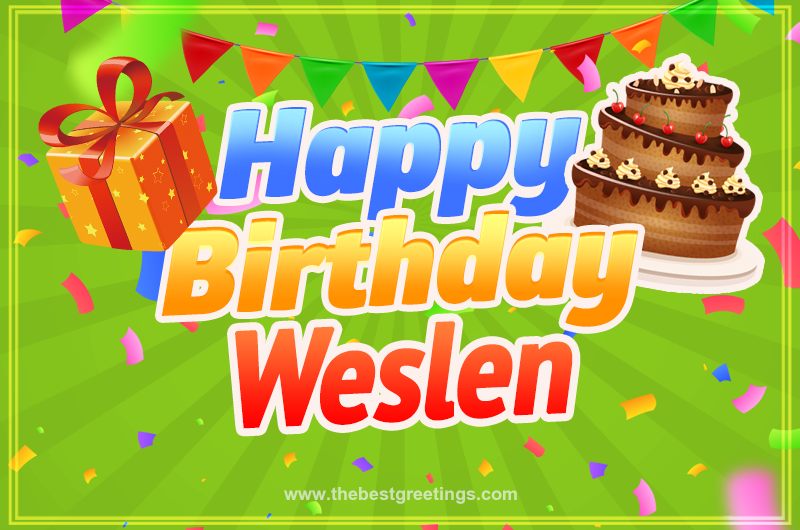 Happy Birthday Weslen picture with flags, chocolate cake and gift box