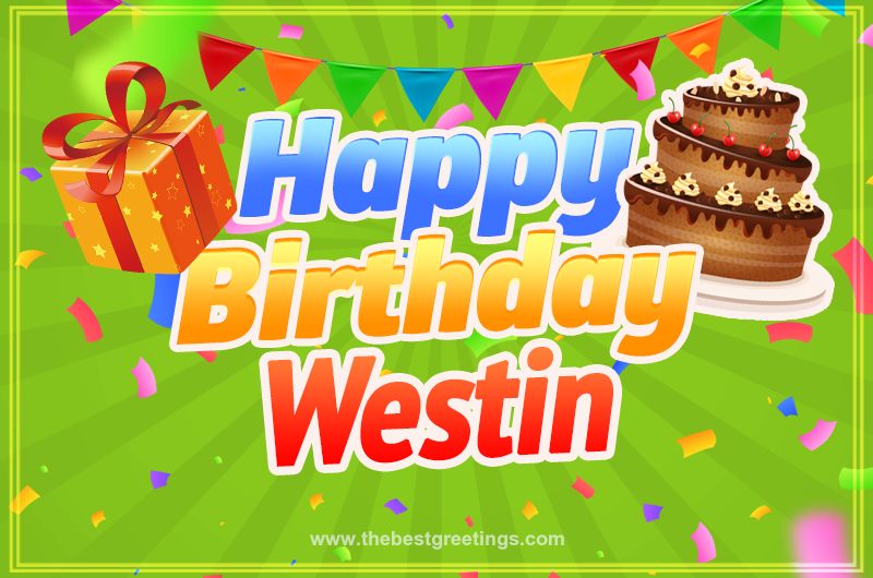 Happy Birthday Westin picture with flags, chocolate cake and gift box