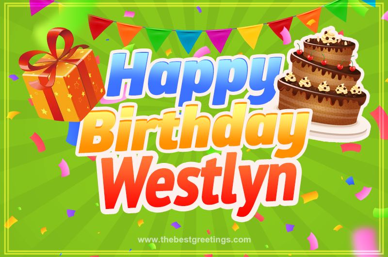 Happy Birthday Westlyn picture with flags, chocolate cake and gift box