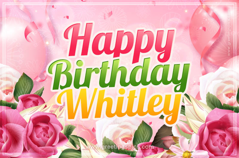 Image with gentle pink background and flowers Happy Birthday Whitley