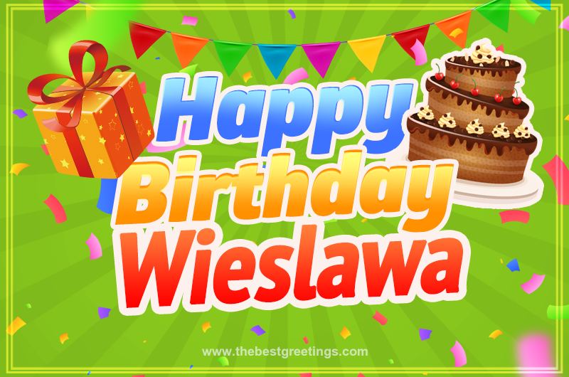 Happy Birthday Wieslawa picture with flags, chocolate cake and gift box