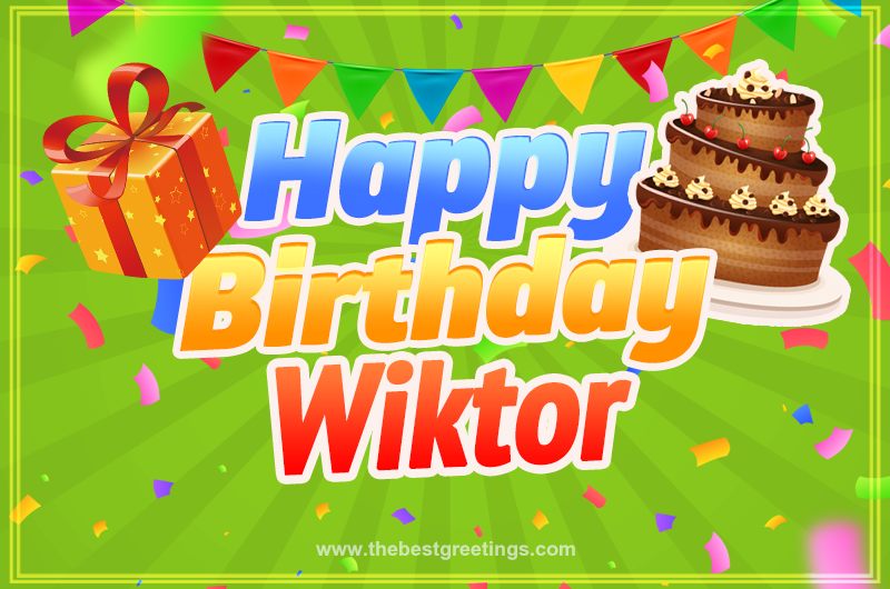 Happy Birthday Wiktor picture with flags, chocolate cake and gift box