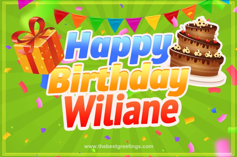 Happy Birthday Wiliane picture with flags, chocolate cake and gift box