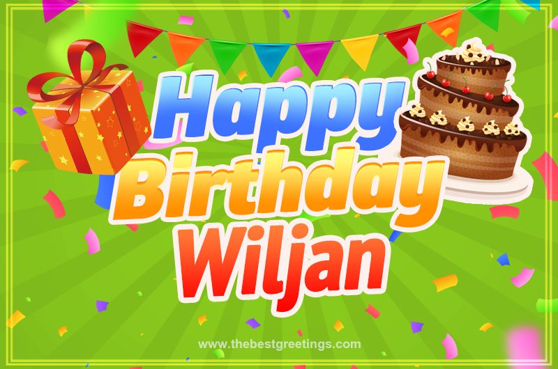 Happy Birthday Wiljan picture with flags, chocolate cake and gift box