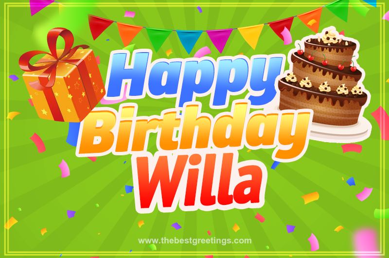 Happy Birthday Willa picture with flags, chocolate cake and gift box