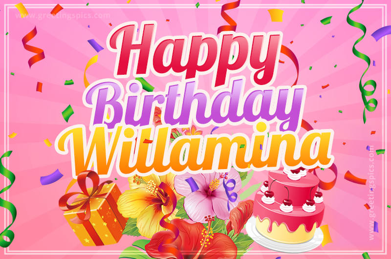 Beautiful Birthday Card for Willamina with Cake and bouquet of flowers