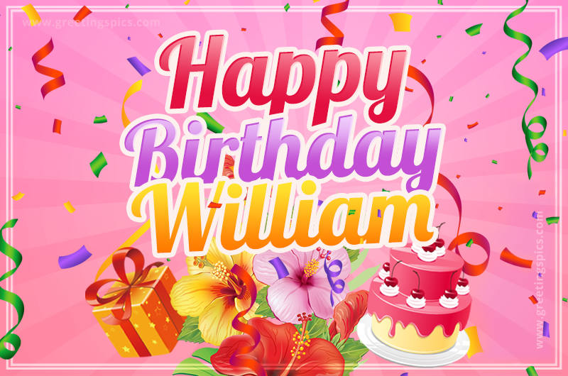 Beautiful Birthday Card for William with Cake and bouquet of flowers