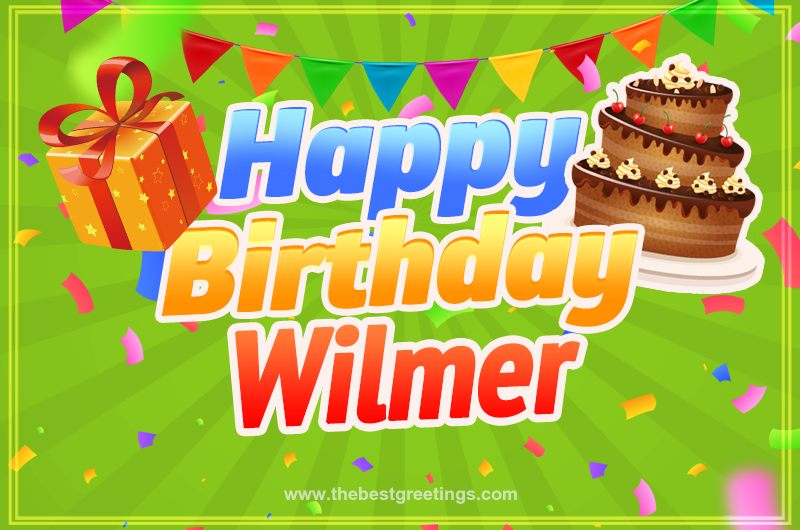 Happy Birthday Wilmer picture with flags, chocolate cake and gift box