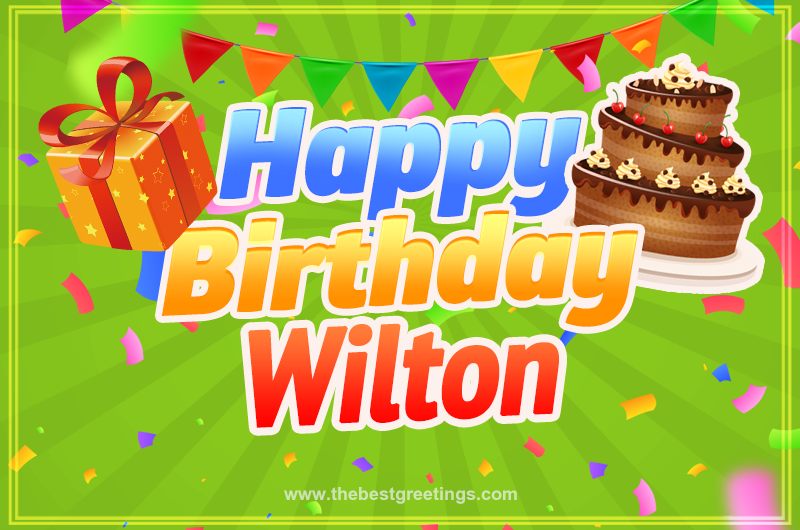 Happy Birthday Wilton picture with flags, chocolate cake and gift box