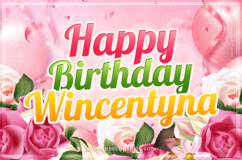 Image with gentle pink background and flowers Happy Birthday Wincentyna