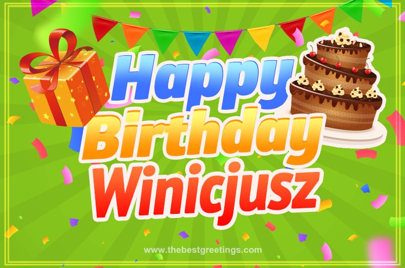 Happy Birthday Winicjusz picture with flags, chocolate cake and gift box