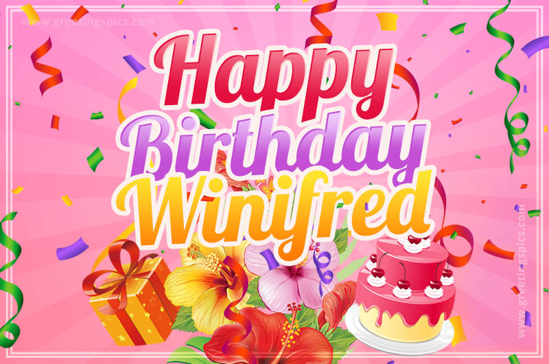 Beautiful Birthday Card for Winifred with Cake and bouquet of flowers