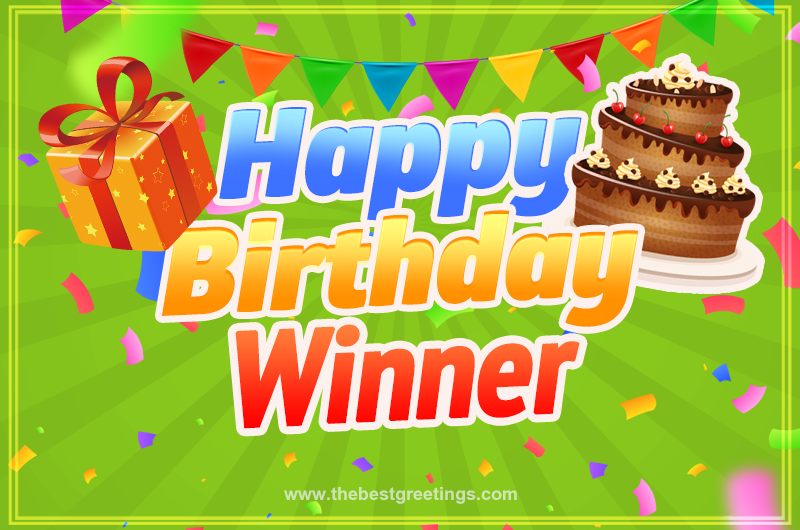 Happy Birthday Winner picture with flags, chocolate cake and gift box