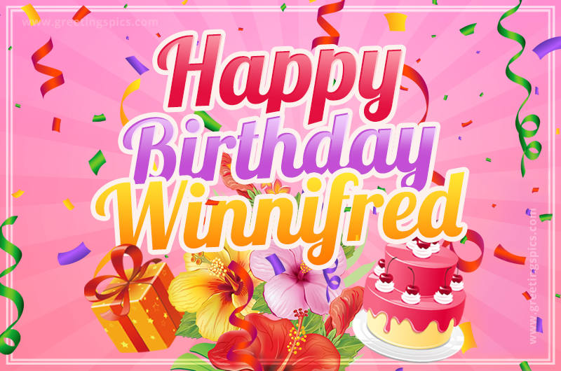 Beautiful Birthday Card for Winnifred with Cake and bouquet of flowers