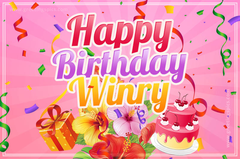 Beautiful Birthday Card for Winry with Cake and bouquet of flowers