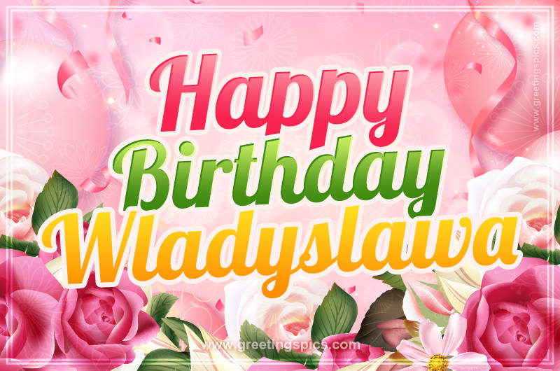 Image with gentle pink background and flowers Happy Birthday Wladyslawa