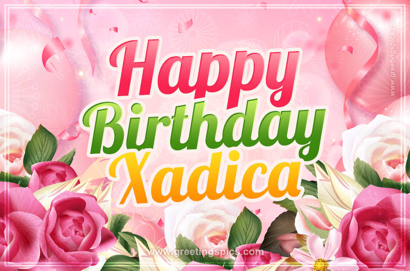 Image with gentle pink background and flowers Happy Birthday Xadica