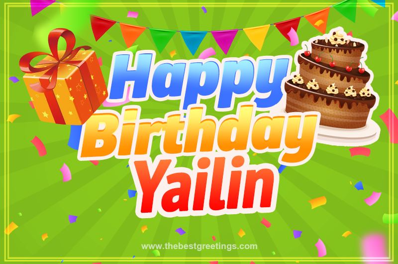 Happy Birthday Yailin picture with flags, chocolate cake and gift box